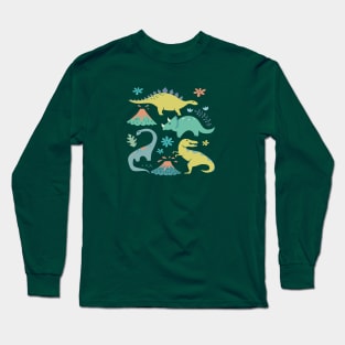 Kawaii Dinosaur in Teal, Yellow, Coral Long Sleeve T-Shirt